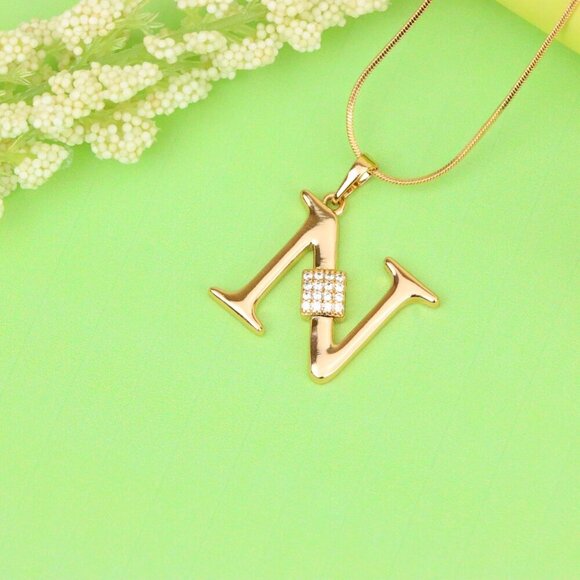 "Rose Gold N Initial Pendant with Dazzling CZ Crystals, XPPT1425 - Picture 2 of 12